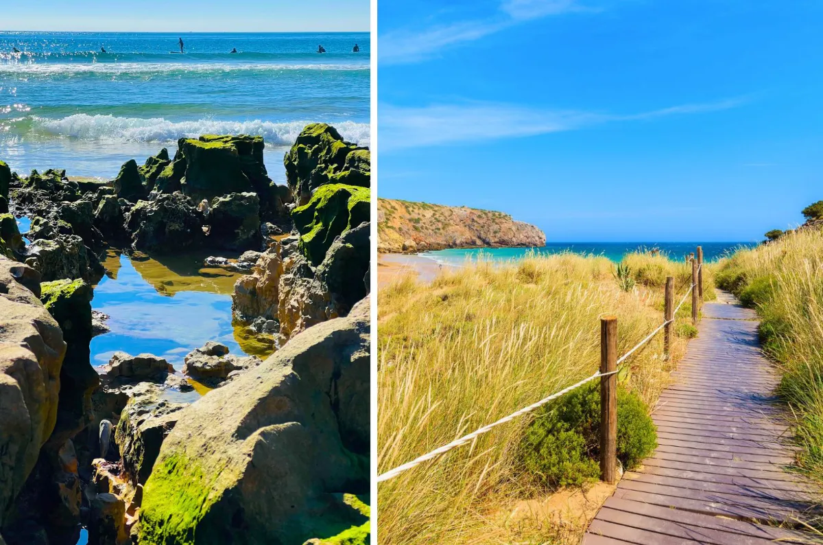 Zavial Beach with Surfers and Wooden Access to the Beach